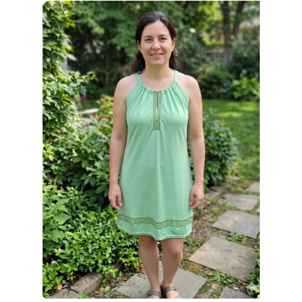 Stretch Halter Mini Dress Women M Green Embroidered Eyelet Boho Casual Beach